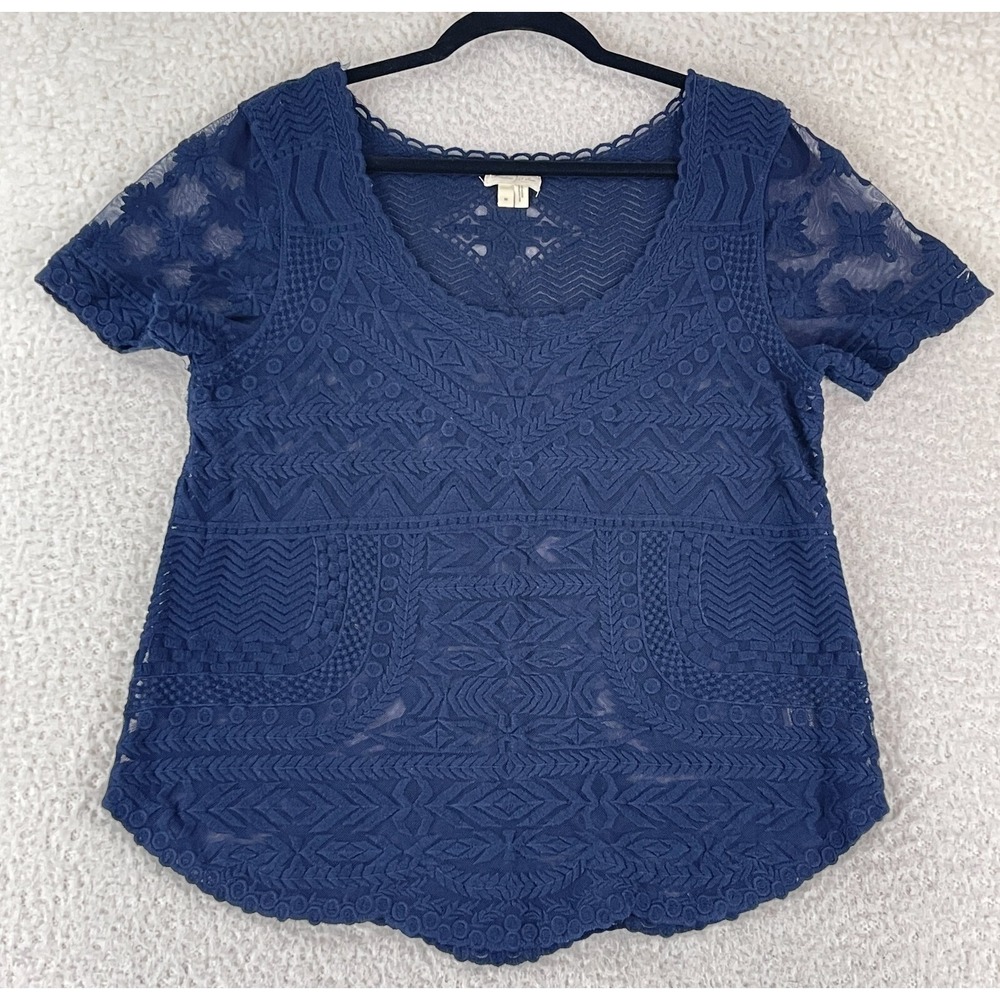 Meadow Rue Blue Floral Embroidered Lace Shirt Womens Short Sleeve Size Medium